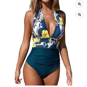 Cupshe Floral Halter One-Piece Swimsuit - Blue and Yellow Sz XL nwt, 017